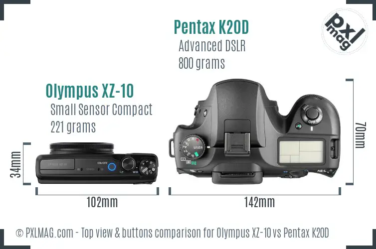 Olympus XZ-10 vs Pentax K20D top view buttons comparison