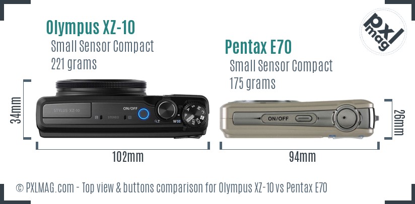 Olympus XZ-10 vs Pentax E70 top view buttons comparison