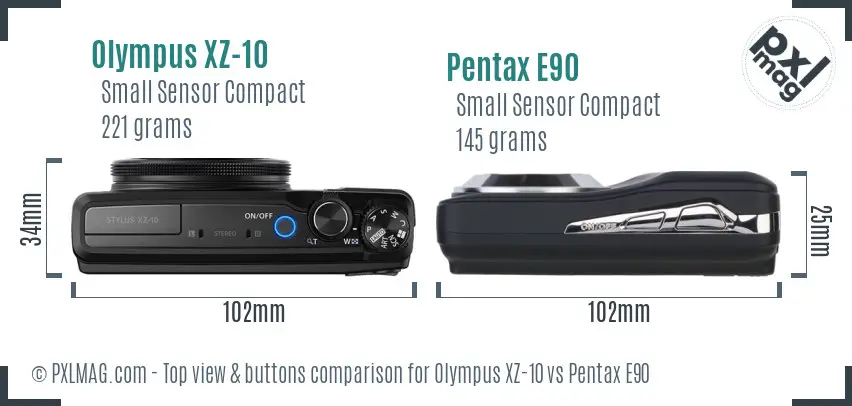 Olympus XZ-10 vs Pentax E90 top view buttons comparison
