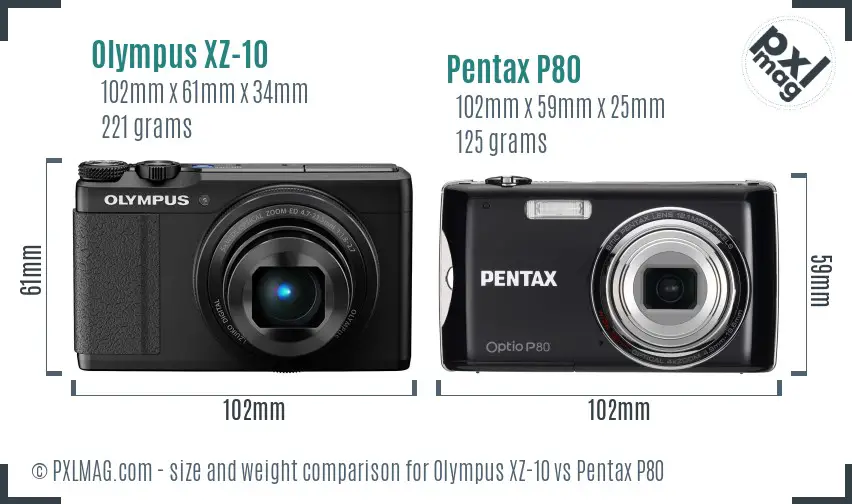Olympus XZ-10 vs Pentax P80 size comparison