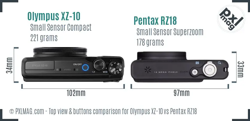Olympus XZ-10 vs Pentax RZ18 top view buttons comparison