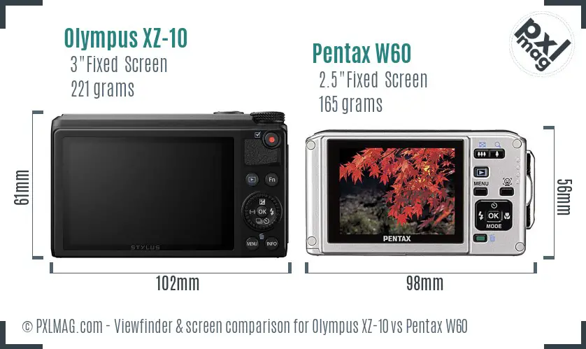 Olympus XZ-10 vs Pentax W60 Screen and Viewfinder comparison