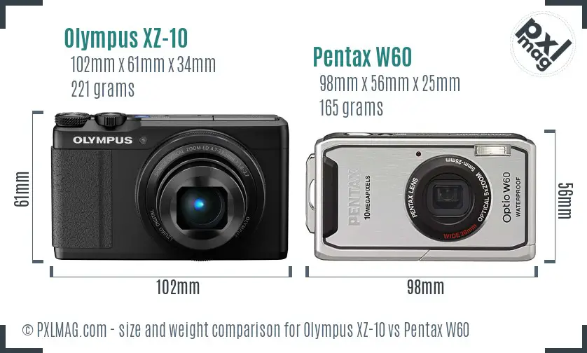 Olympus XZ-10 vs Pentax W60 size comparison