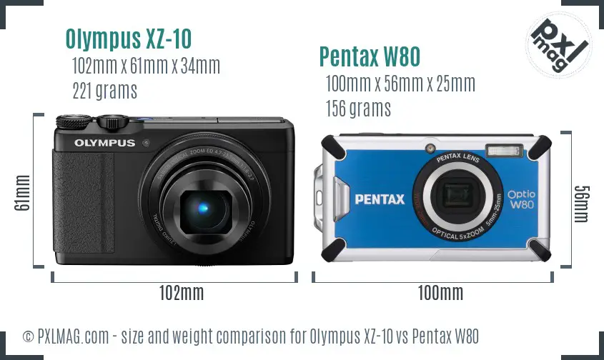 Olympus XZ-10 vs Pentax W80 size comparison