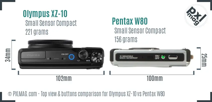 Olympus XZ-10 vs Pentax W80 top view buttons comparison