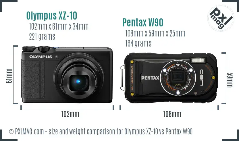 Olympus XZ-10 vs Pentax W90 size comparison