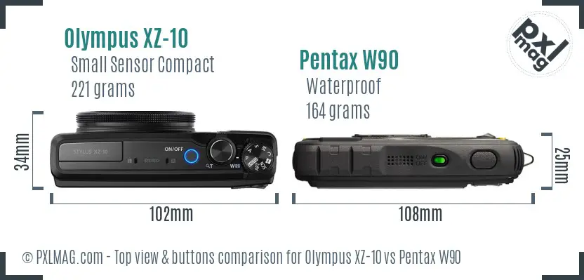 Olympus XZ-10 vs Pentax W90 top view buttons comparison