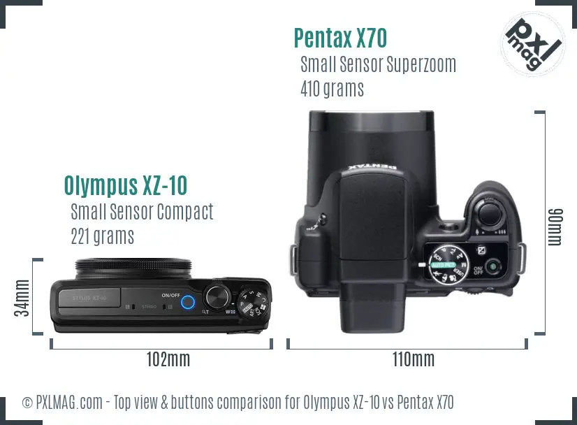 Olympus XZ-10 vs Pentax X70 top view buttons comparison Olympus XZ-10 vs Pentax X70 top view buttons comparison