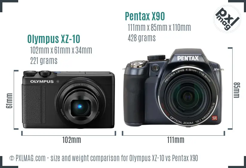 Olympus XZ-10 vs Pentax X90 size comparison