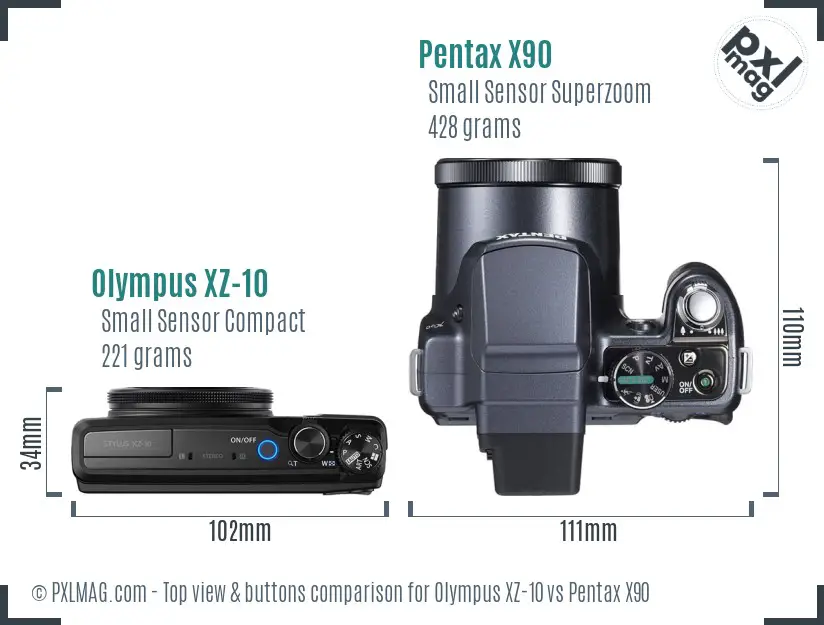 Olympus XZ-10 vs Pentax X90 top view buttons comparison