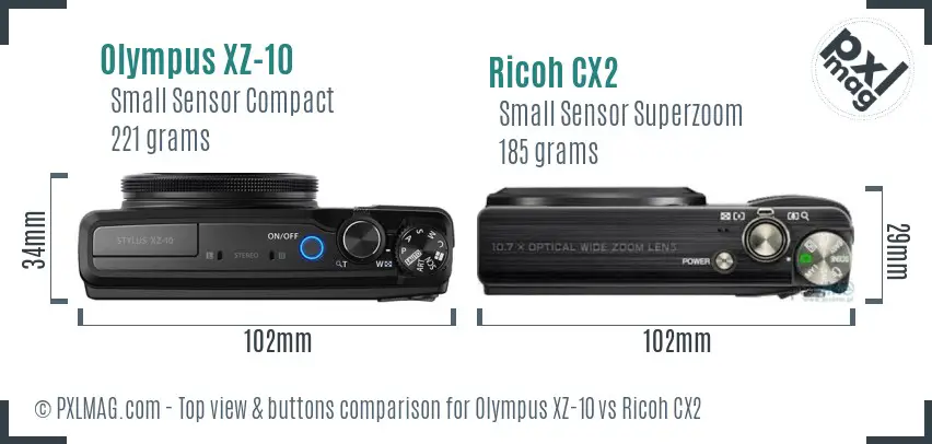 Olympus XZ-10 vs Ricoh CX2 top view buttons comparison Olympus XZ-10 vs Ricoh CX2 top view buttons comparison