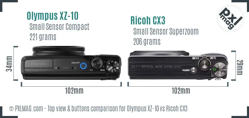 Olympus XZ-10 vs Ricoh CX3 top view buttons comparison