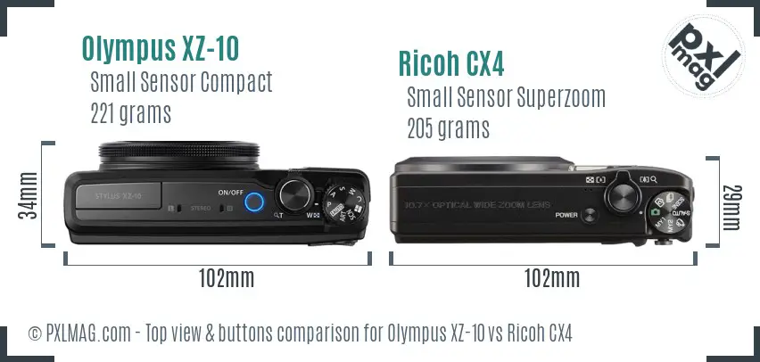 Olympus XZ-10 vs Ricoh CX4 top view buttons comparison Olympus XZ-10 vs Ricoh CX4 top view buttons comparison