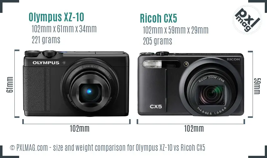 Olympus XZ-10 vs Ricoh CX5 size comparison