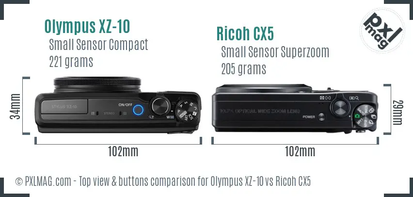 Olympus XZ-10 vs Ricoh CX5 top view buttons comparison