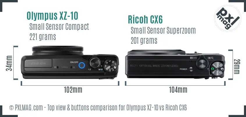 Olympus XZ-10 vs Ricoh CX6 top view buttons comparison