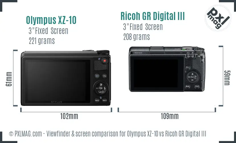 Olympus XZ-10 vs Ricoh GR Digital III Screen and Viewfinder comparison
