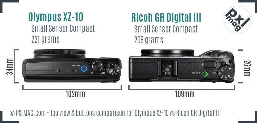 Olympus XZ-10 vs Ricoh GR Digital III top view buttons comparison