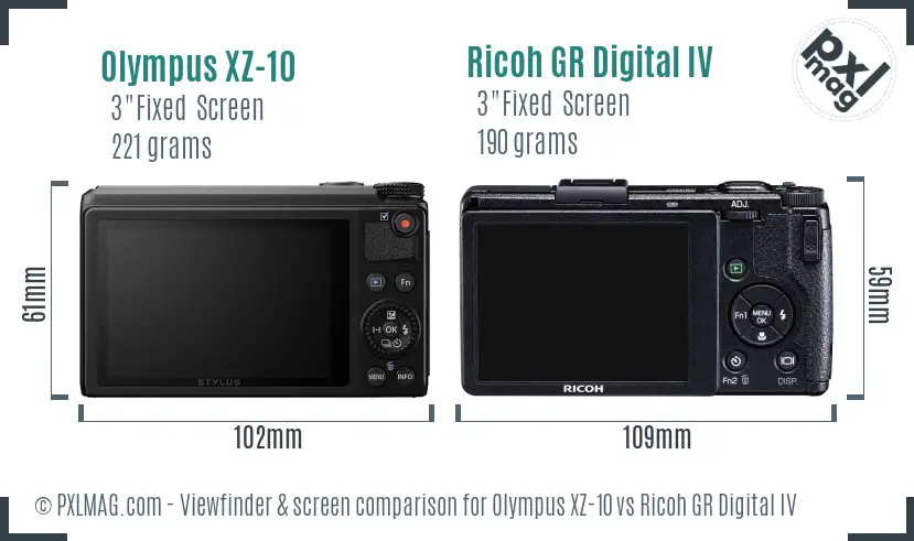 Olympus XZ-10 vs Ricoh GR Digital IV Screen and Viewfinder comparison