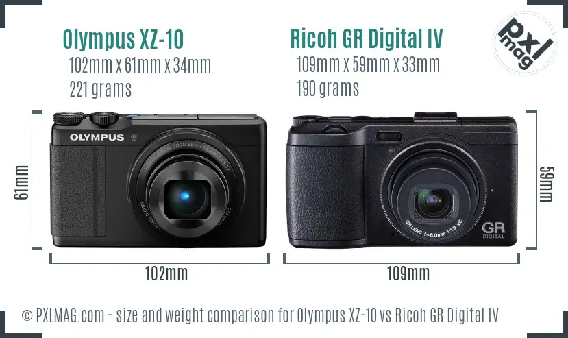 Olympus XZ-10 vs Ricoh GR Digital IV size comparison