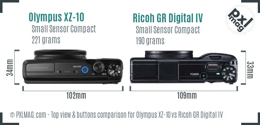 Olympus XZ-10 vs Ricoh GR Digital IV top view buttons comparison