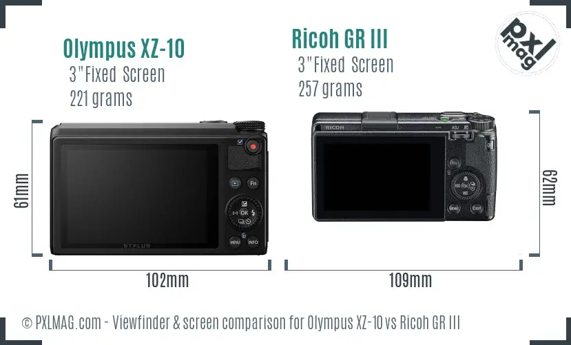 Olympus XZ-10 vs Ricoh GR III Screen and Viewfinder comparison