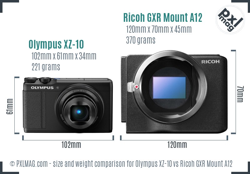 Olympus XZ-10 vs Ricoh GXR Mount A12 size comparison Olympus XZ-10 vs Ricoh GXR Mount A12 size comparison