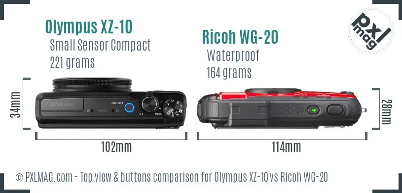 Olympus XZ-10 vs Ricoh WG-20 top view buttons comparison