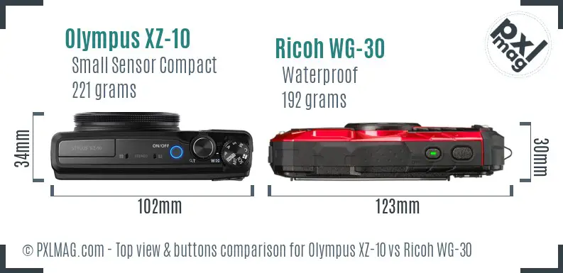 Olympus XZ-10 vs Ricoh WG-30 top view buttons comparison