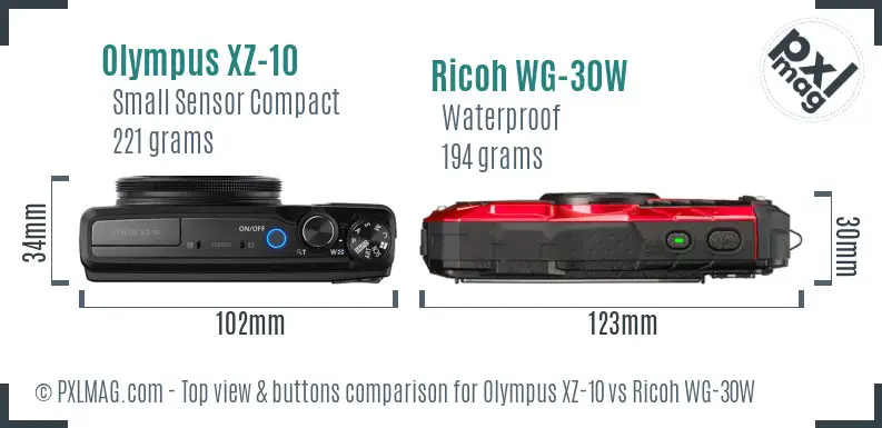 Olympus XZ-10 vs Ricoh WG-30W top view buttons comparison