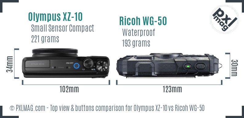 Olympus XZ-10 vs Ricoh WG-50 top view buttons comparison