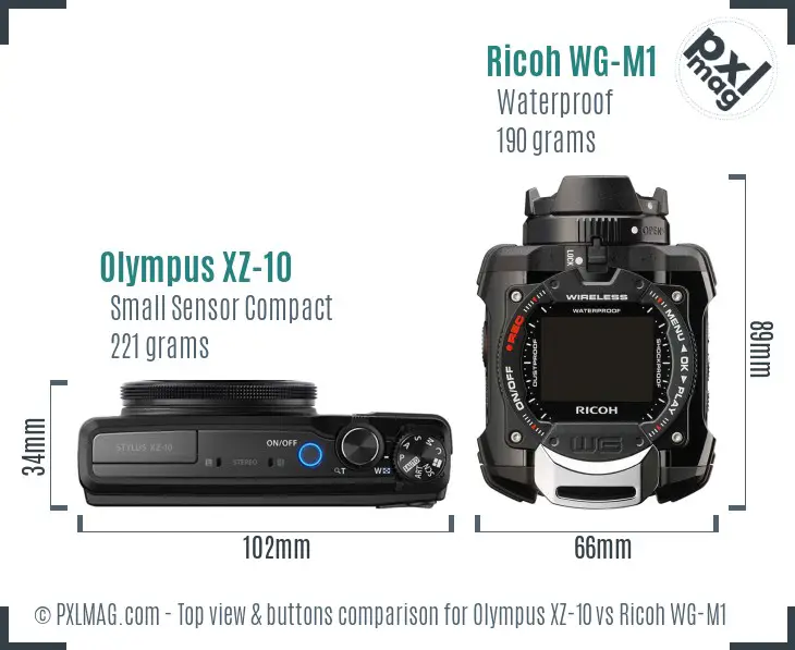 Olympus XZ-10 vs Ricoh WG-M1 top view buttons comparison Olympus XZ-10 vs Ricoh WG-M1 top view buttons comparison