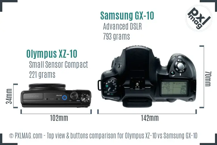 Olympus XZ-10 vs Samsung GX-10 top view buttons comparison