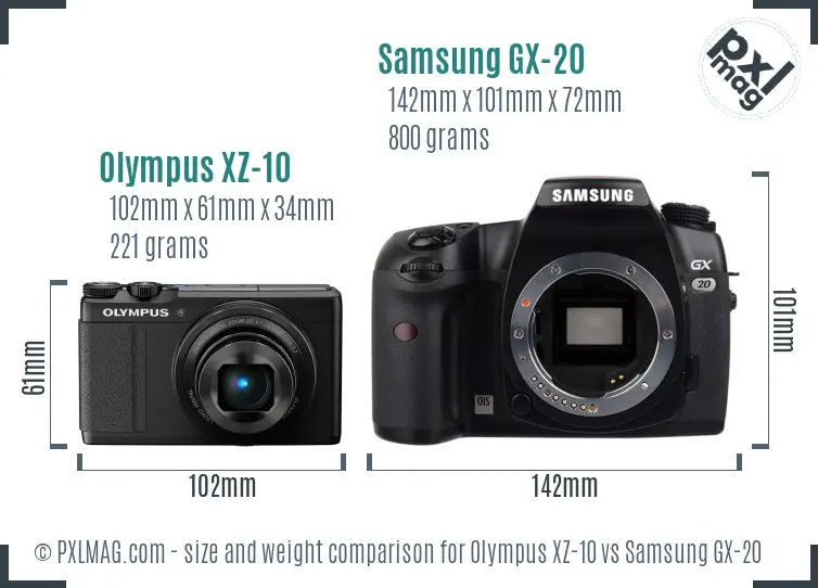 Olympus XZ-10 vs Samsung GX-20 size comparison