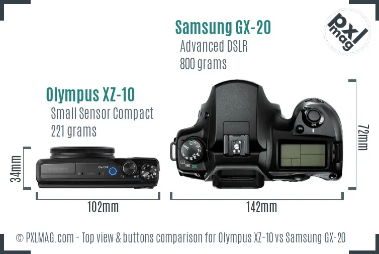 Olympus XZ-10 vs Samsung GX-20 top view buttons comparison