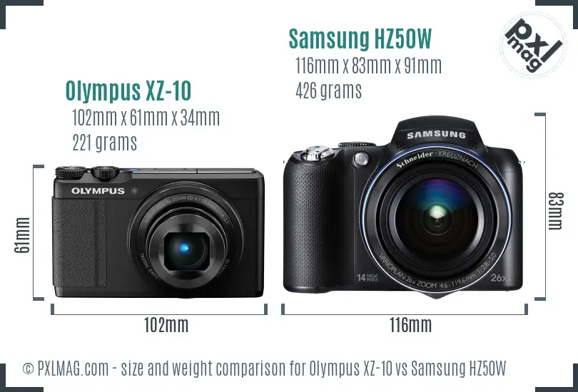 Olympus XZ-10 vs Samsung HZ50W size comparison