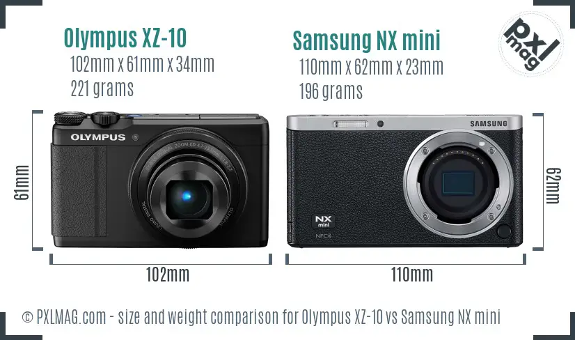 Olympus XZ-10 vs Samsung NX mini size comparison