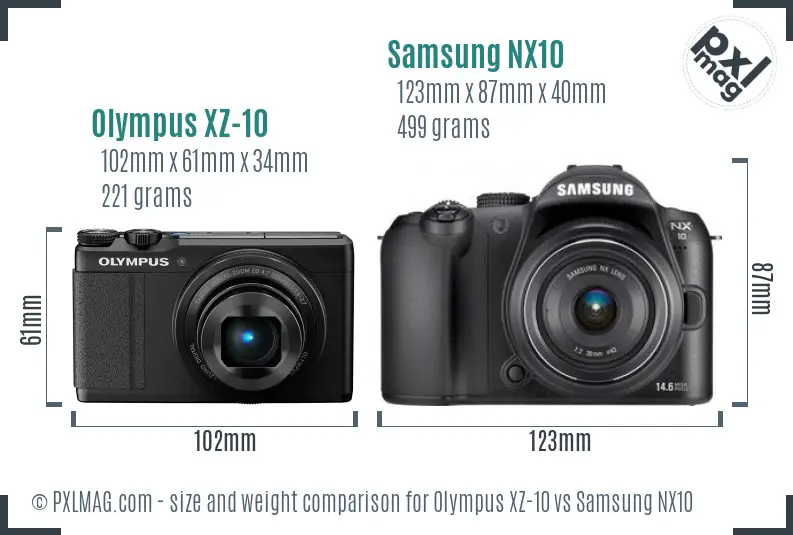 Olympus XZ-10 vs Samsung NX10 size comparison