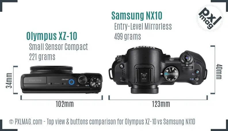 Olympus XZ-10 vs Samsung NX10 top view buttons comparison