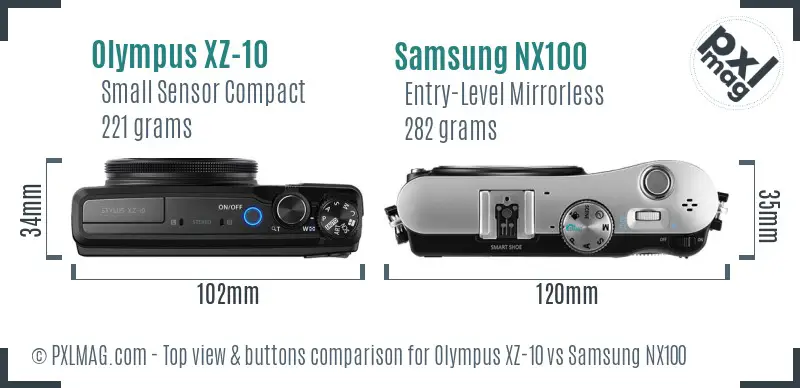 Olympus XZ-10 vs Samsung NX100 top view buttons comparison