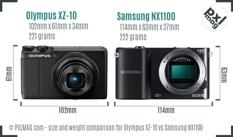 Olympus XZ-10 vs Samsung NX1100 size comparison