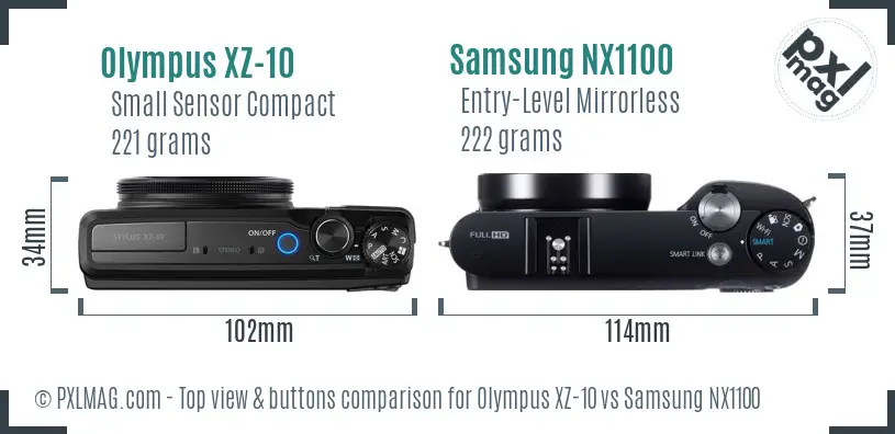 Olympus XZ-10 vs Samsung NX1100 top view buttons comparison