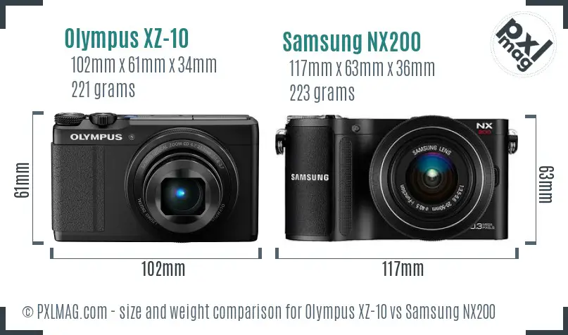 Olympus XZ-10 vs Samsung NX200 size comparison