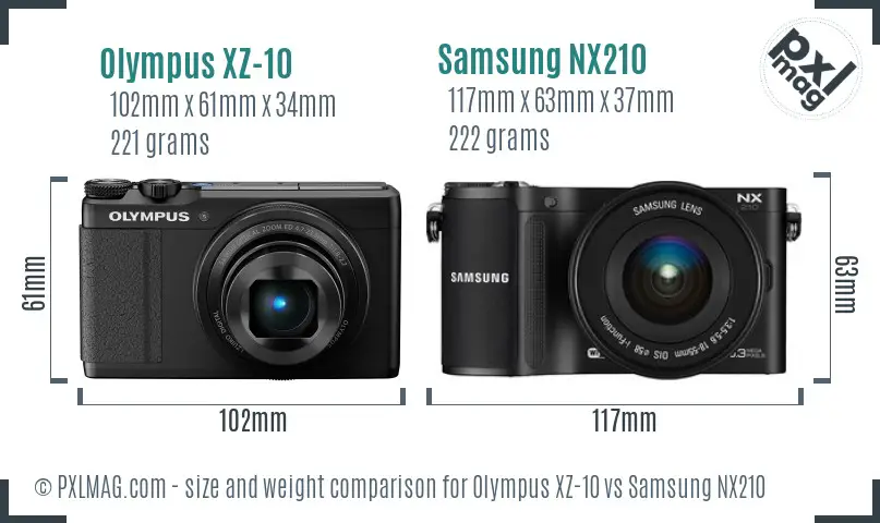 Olympus XZ-10 vs Samsung NX210 size comparison