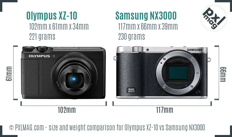 Olympus XZ-10 vs Samsung NX3000 size comparison