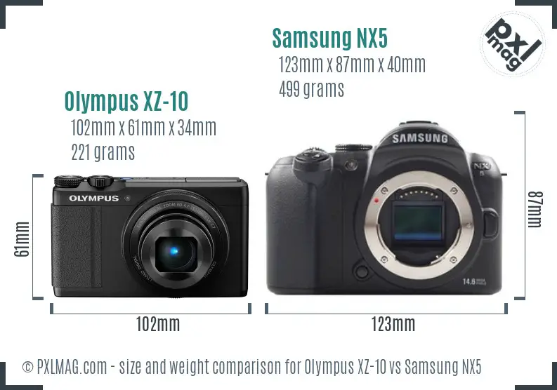 Olympus XZ-10 vs Samsung NX5 size comparison