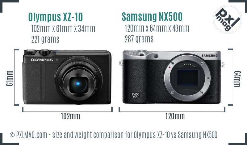 Olympus XZ-10 vs Samsung NX500 size comparison