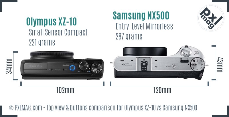 Olympus XZ-10 vs Samsung NX500 top view buttons comparison