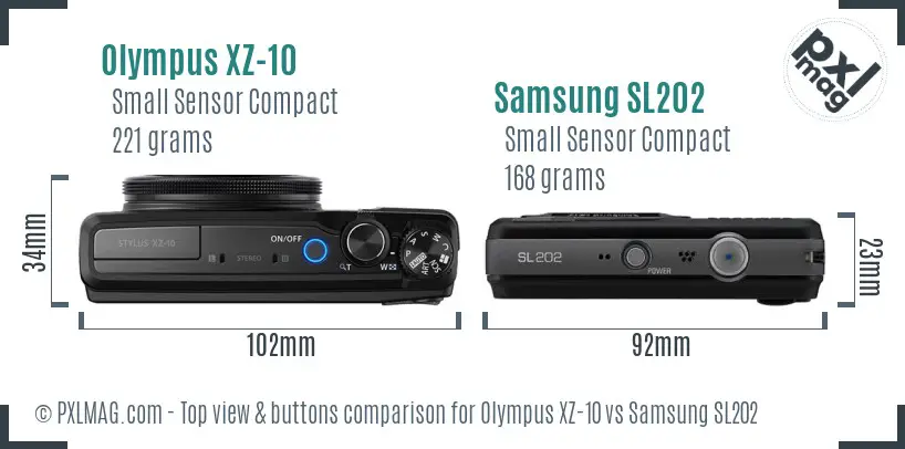 Olympus XZ-10 vs Samsung SL202 top view buttons comparison