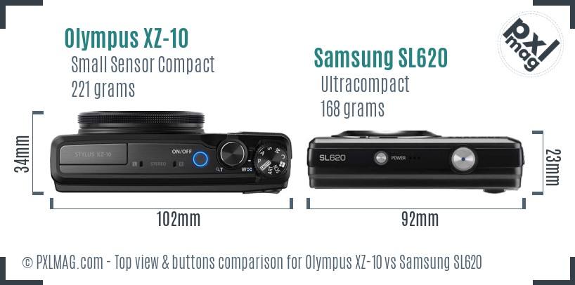Olympus XZ-10 vs Samsung SL620 top view buttons comparison